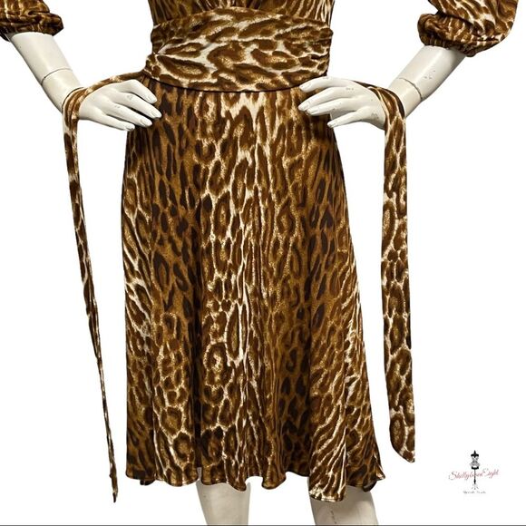 YIGAL AZROUEL Stretch Jersey Deep V Plunge Dress Leopard Ruched Sash Waist XS - Picture 9 of 15